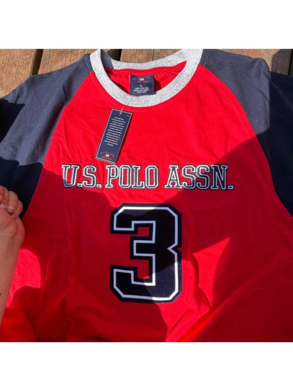 U.S. Polo Assn. Mens Red & Navy Colorblock T-Shirt Large Cotton Casual Raglan Te - Picture 3 of 3
